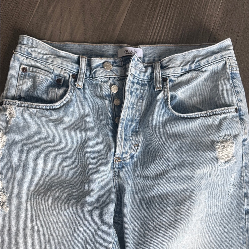 nuuds Light Blue Distressed Button-Fly Jeans